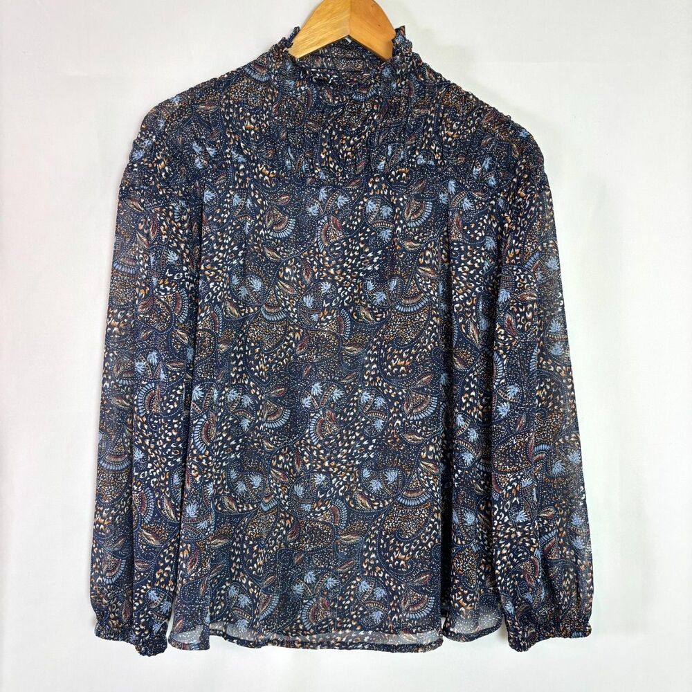Dear John Blouse Womens Medium Navy Paisley Mock Neck Sheer Metallic Threads NWT